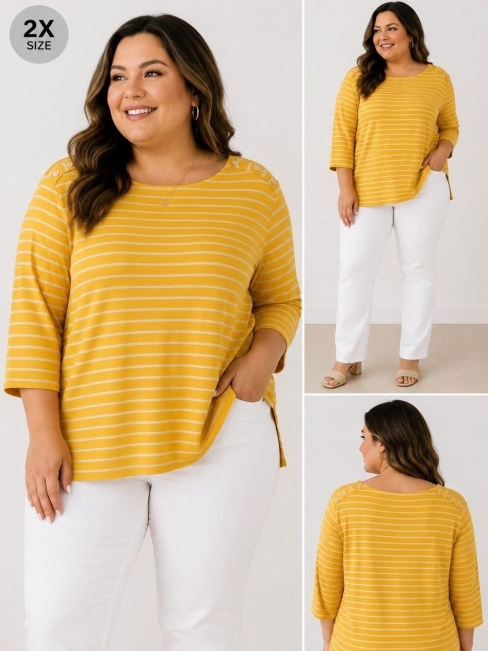Signature Collection Yellow White Striped Button Shoulder Tunic Top Plus Size 2X - Picture 1 of 7